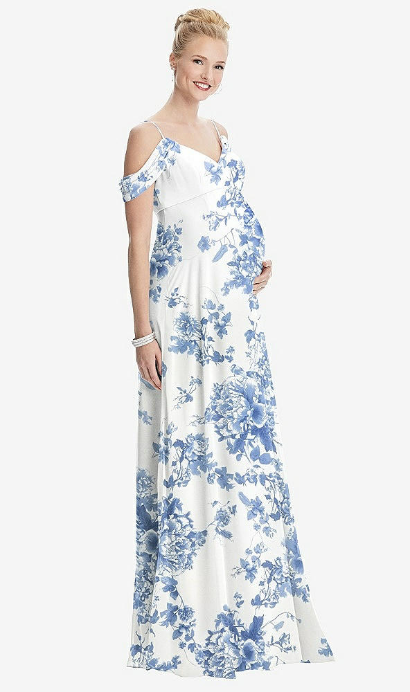 【STYLE: M442】Draped Cold-Shoulder Chiffon Maternity Dress【COLOR: Cottage Rose Dusk Blue】