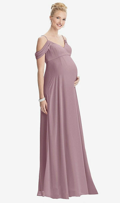 【STYLE: M442】Draped Cold-Shoulder Chiffon Maternity Dress【COLOR: Dusty Rose】