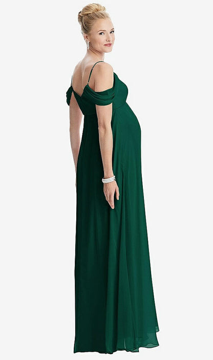 【STYLE: M442】Draped Cold-Shoulder Chiffon Maternity Dress【COLOR: Hunter Green】