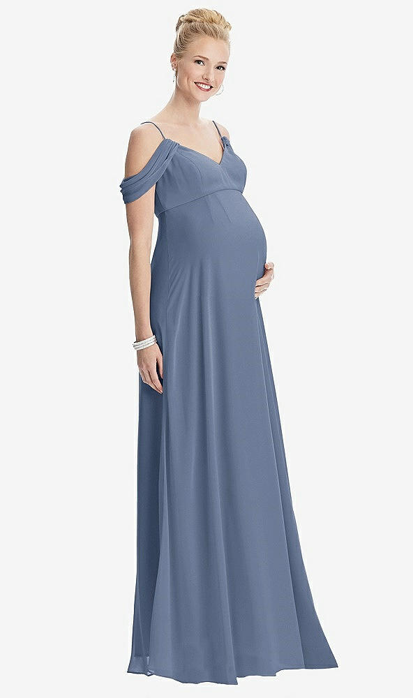 【STYLE: M442】Draped Cold-Shoulder Chiffon Maternity Dress【COLOR: Larkspur Blue】