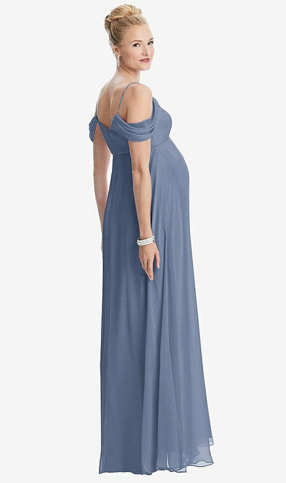 【STYLE: M442】Draped Cold-Shoulder Chiffon Maternity Dress【COLOR: Larkspur Blue】