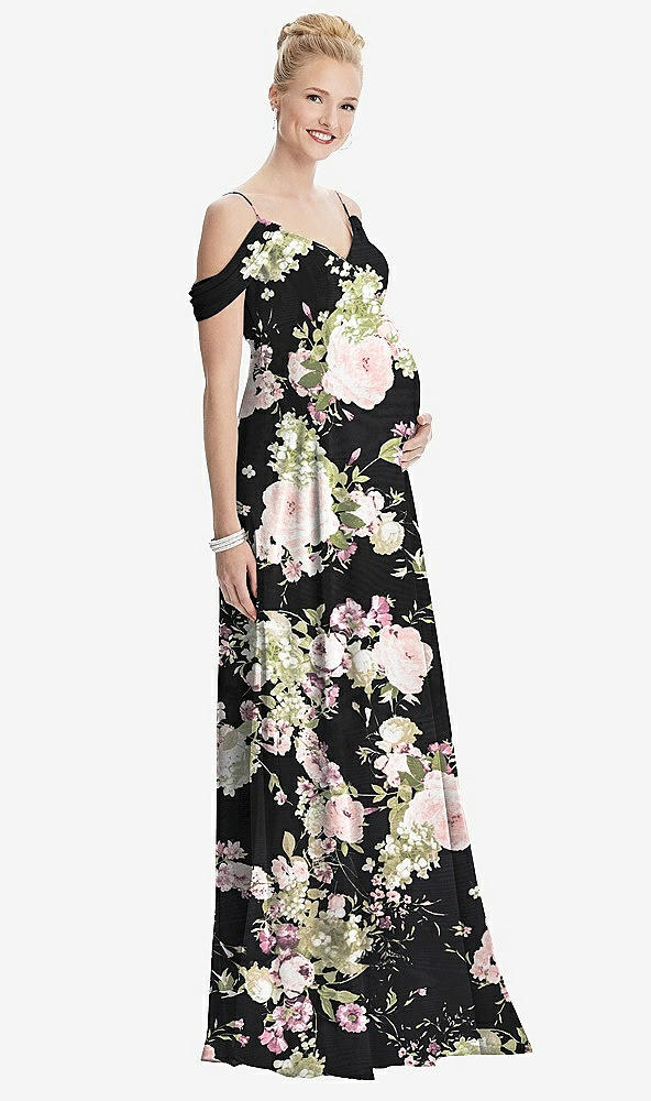 【STYLE: M442】Draped Cold-Shoulder Chiffon Maternity Dress【COLOR: Noir Garden】