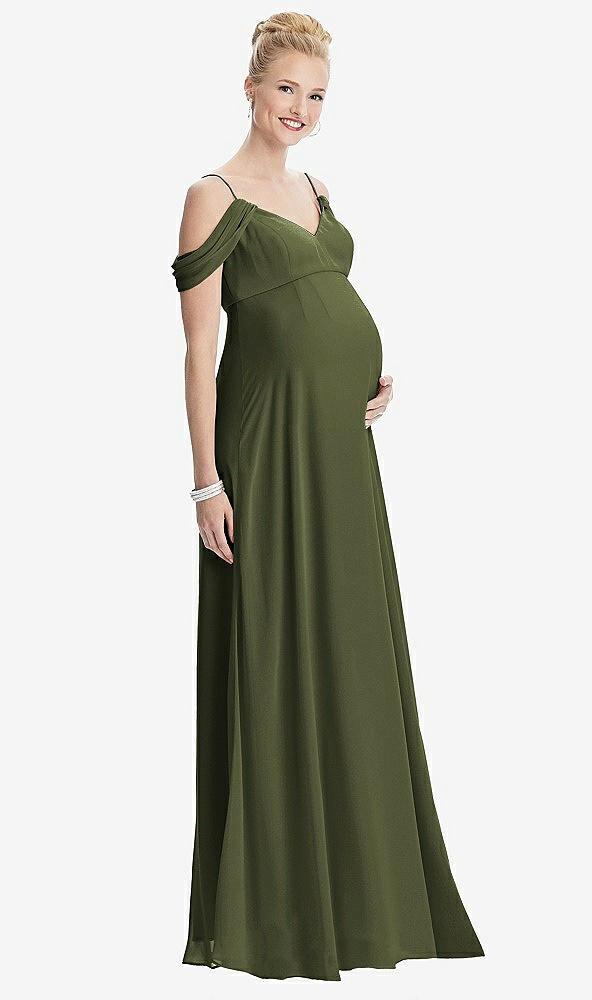 【STYLE: M442】Draped Cold-Shoulder Chiffon Maternity Dress【COLOR: Olive Green】