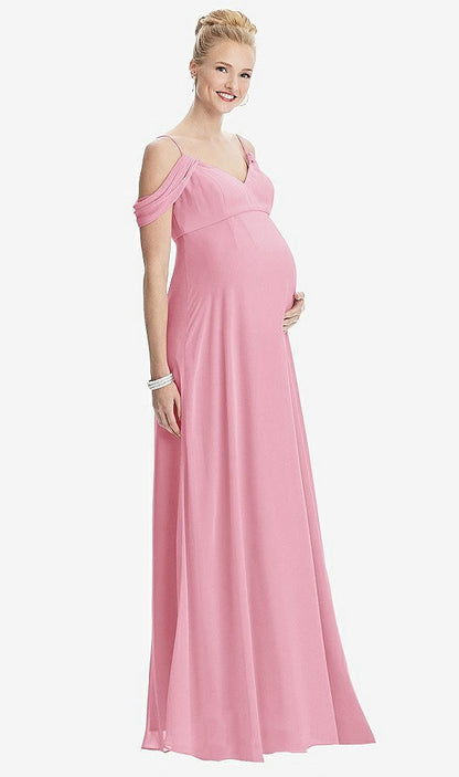 【STYLE: M442】Draped Cold-Shoulder Chiffon Maternity Dress【COLOR: Peony Pink】