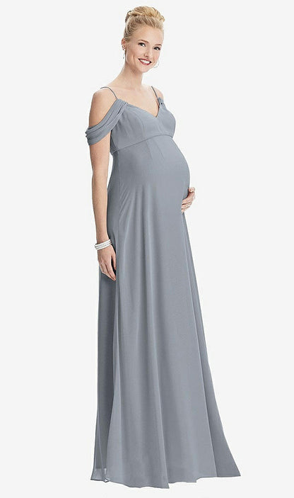 【STYLE: M442】Draped Cold-Shoulder Chiffon Maternity Dress【COLOR: Platinum】