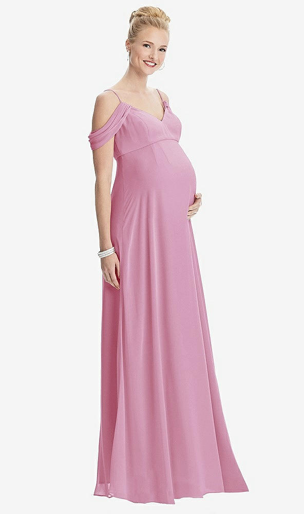 【STYLE: M442】Draped Cold-Shoulder Chiffon Maternity Dress【COLOR: Powder Pink】