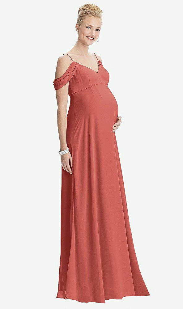 【STYLE: M442】Draped Cold-Shoulder Chiffon Maternity Dress【COLOR: Coral Pink】