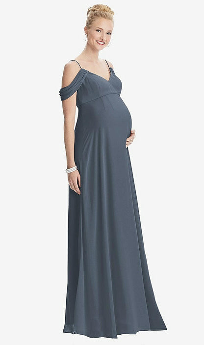 【STYLE: M442】Draped Cold-Shoulder Chiffon Maternity Dress【COLOR: Silverstone】