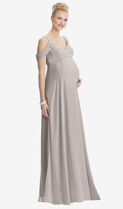 【STYLE: M442】Draped Cold-Shoulder Chiffon Maternity Dress【COLOR: Taupe】