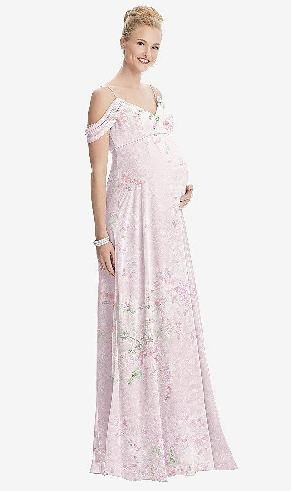 【STYLE: M442】Draped Cold-Shoulder Chiffon Maternity Dress【COLOR: Watercolor Print】