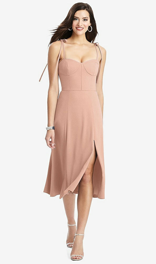 【STYLE: 3069】Bustier Crepe Midi Dress with Adjustable Bow Straps【COLOR: Pale Peach】