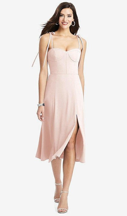 【STYLE: 3069】Bustier Crepe Midi Dress with Adjustable Bow Straps【COLOR: Blush】