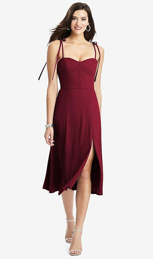 【STYLE: 3069】Bustier Crepe Midi Dress with Adjustable Bow Straps【COLOR: Burgundy】