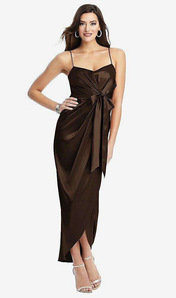 【STYLE: 6828】Faux Wrap Midi Dress with Draped Tulip Skirt【COLOR: Espresso】