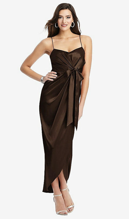 【STYLE: 6828】Faux Wrap Midi Dress with Draped Tulip Skirt【COLOR: Espresso】
