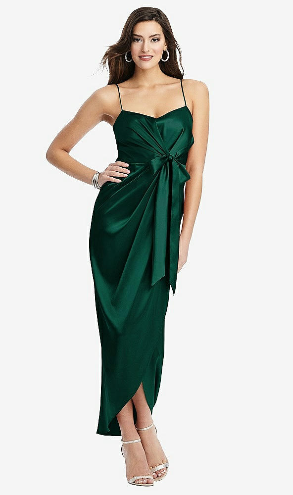 【STYLE: 6828】Faux Wrap Midi Dress with Draped Tulip Skirt【COLOR: Hunter Green】