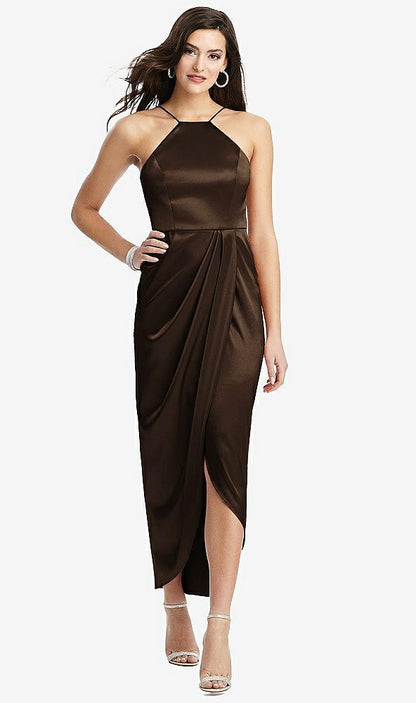 【NEW】【STYLE: 6829】ホルター MIDI ドレス ドレープ付き ドレープ チューリップ スカート【COLOR: Espresso】【SIZE: 00-30W】