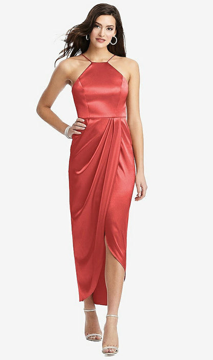 【STYLE: 6829】Halter Midi Dress with Draped Tulip Skirt【COLOR: Perfect Coral】
