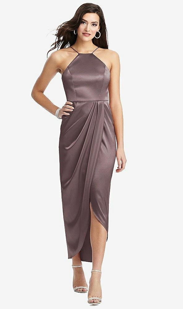 【STYLE: 6829】Halter Midi Dress with Draped Tulip Skirt【COLOR: French Truffle】