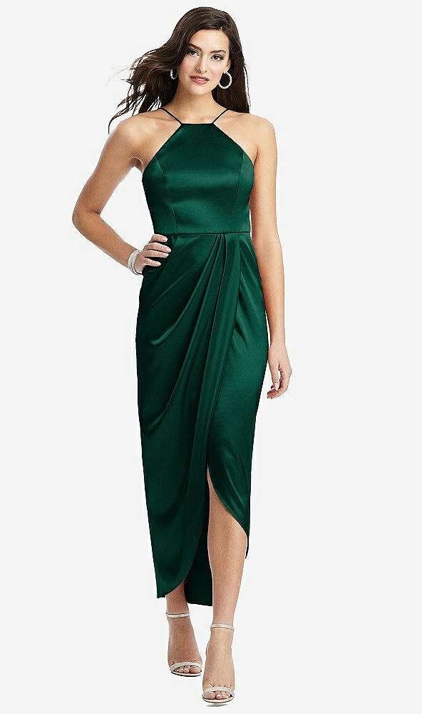 【STYLE: 6829】Halter Midi Dress with Draped Tulip Skirt【COLOR: Hunter Green】