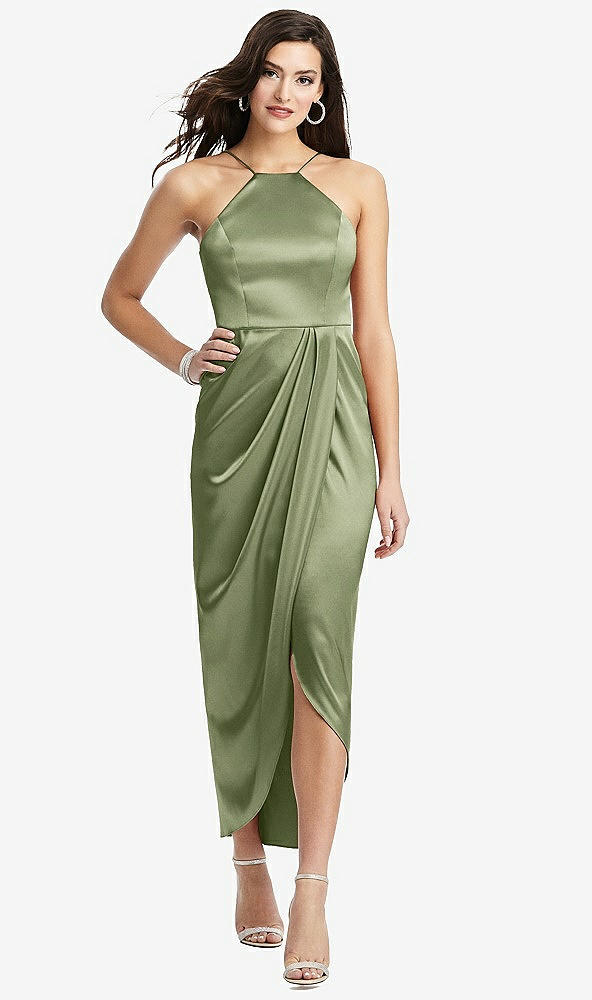 【STYLE: 6829】Halter Midi Dress with Draped Tulip Skirt【COLOR: Kiwi】