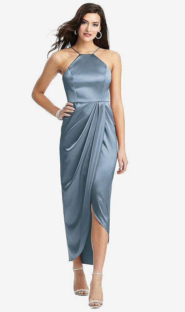 【STYLE: 6829】Halter Midi Dress with Draped Tulip Skirt【COLOR: Slate】