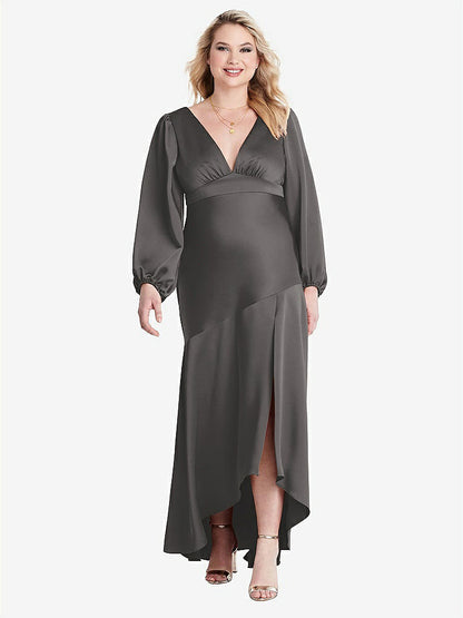 【NEW】【STYLE: LB008】パフ スリーブ 非対称 ドロップ ウエスト ハイロー スリップ ドレス  -  ティーガン【COLOR: Caviar Gray】【SIZE: 00-30W】