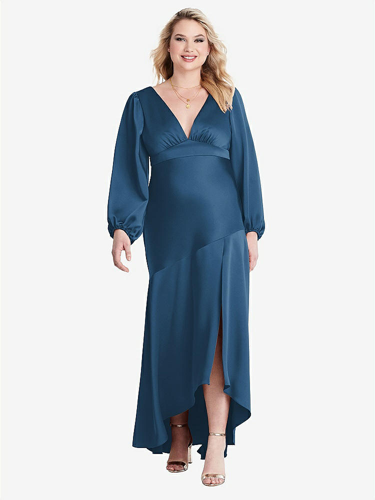 【NEW】【STYLE: LB008】パフ スリーブ 非対称 ドロップ ウエスト ハイロー スリップ ドレス  -  ティーガン【COLOR: Dusk Blue】【SIZE: 00-30W】