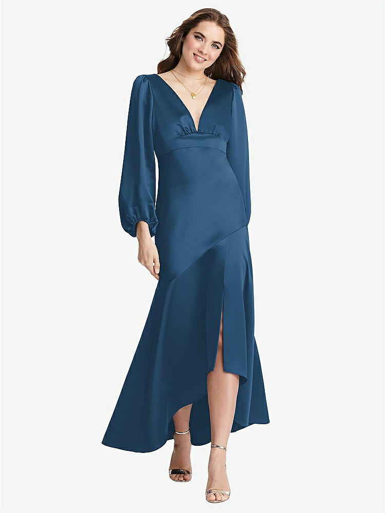 【NEW】【STYLE: LB008】パフ スリーブ 非対称 ドロップ ウエスト ハイロー スリップ ドレス  -  ティーガン【COLOR: Dusk Blue】【SIZE: 00-30W】