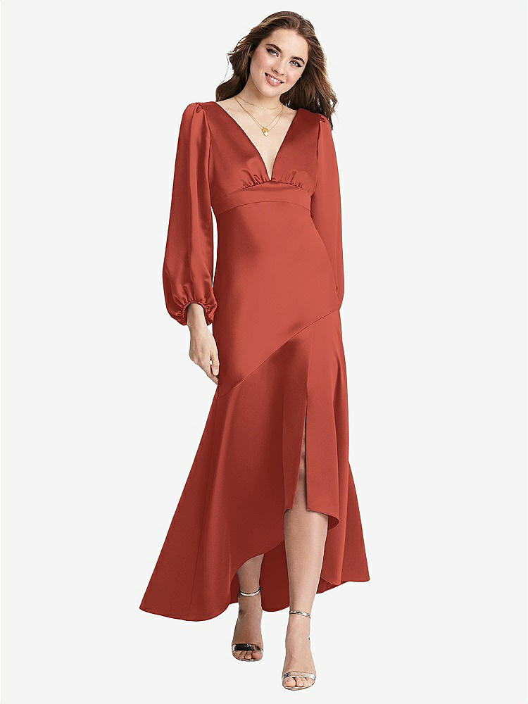 【STYLE: LB008】Puff Sleeve Asymmetrical Drop Waist High-Low Slip Dress - Teagan【COLOR: Amber Sunset】