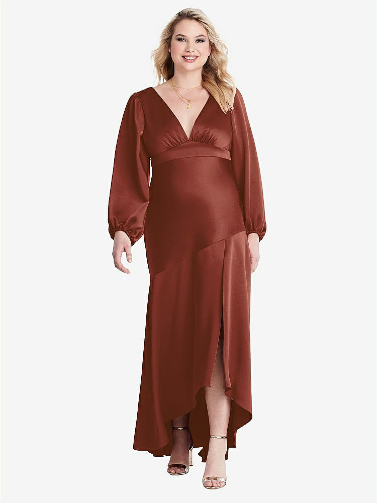 【STYLE: LB008】Puff Sleeve Asymmetrical Drop Waist High-Low Slip Dress - Teagan【COLOR: Auburn Moon】