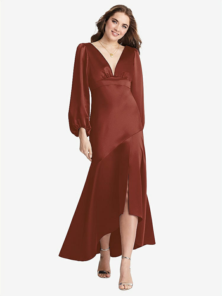 【STYLE: LB008】Puff Sleeve Asymmetrical Drop Waist High-Low Slip Dress - Teagan【COLOR: Auburn Moon】