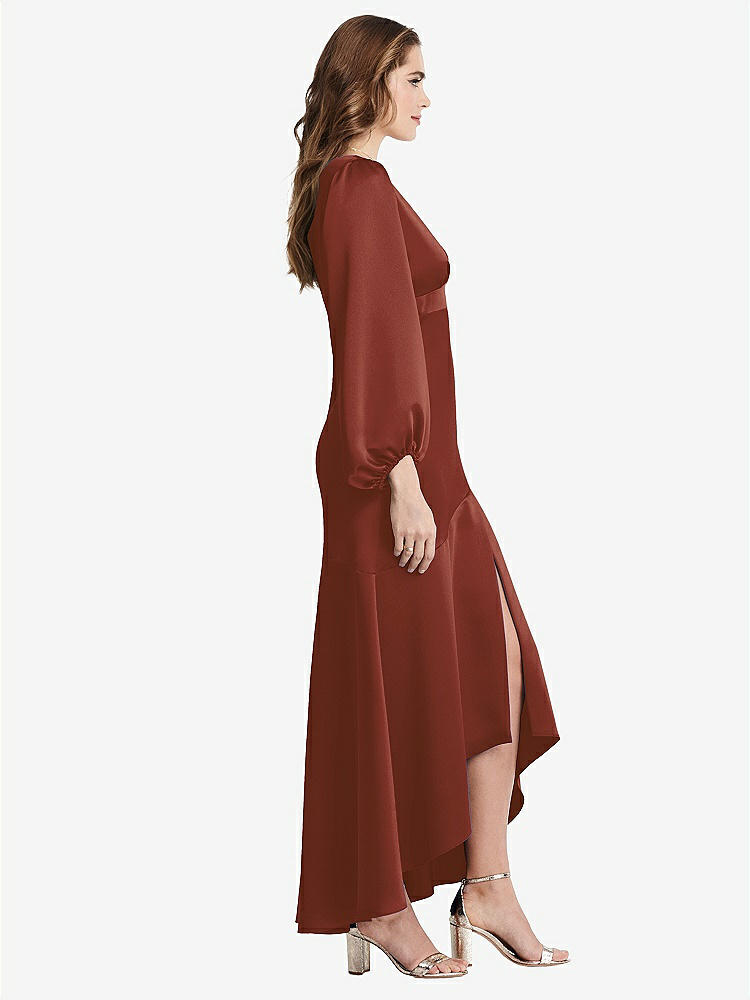 【STYLE: LB008】Puff Sleeve Asymmetrical Drop Waist High-Low Slip Dress - Teagan【COLOR: Auburn Moon】