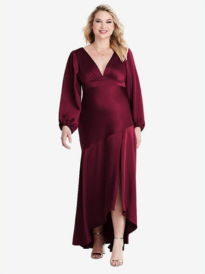 【NEW】【STYLE: LB008】パフ スリーブ 非対称 ドロップ ウエスト ハイロー スリップ ドレス  -  ティーガン【COLOR: Cabernet】【SIZE: 00-30W】