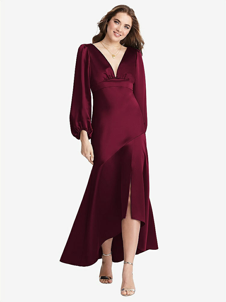 【NEW】【STYLE: LB008】パフ スリーブ 非対称 ドロップ ウエスト ハイロー スリップ ドレス  -  ティーガン【COLOR: Cabernet】【SIZE: 00-30W】