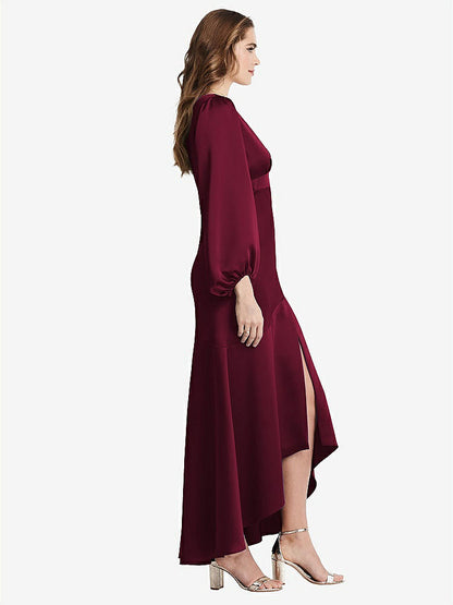 【NEW】【STYLE: LB008】パフ スリーブ 非対称 ドロップ ウエスト ハイロー スリップ ドレス  -  ティーガン【COLOR: Cabernet】【SIZE: 00-30W】