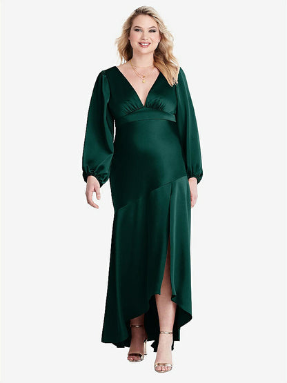 【STYLE: LB008】Puff Sleeve Asymmetrical Drop Waist High-Low Slip Dress - Teagan【COLOR: Evergreen】