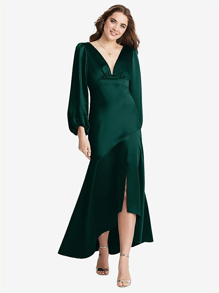 【STYLE: LB008】Puff Sleeve Asymmetrical Drop Waist High-Low Slip Dress - Teagan【COLOR: Evergreen】