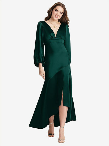 【STYLE: LB008】Puff Sleeve Asymmetrical Drop Waist High-Low Slip Dress - Teagan【COLOR: Evergreen】