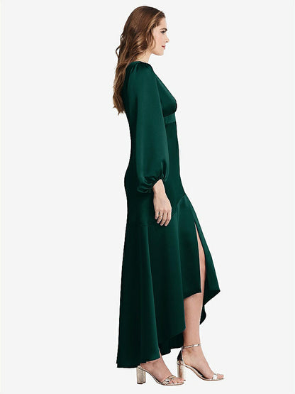【STYLE: LB008】Puff Sleeve Asymmetrical Drop Waist High-Low Slip Dress - Teagan【COLOR: Evergreen】