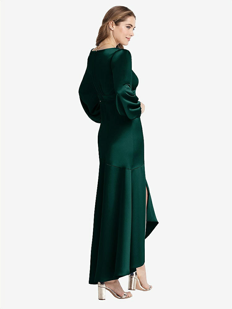 【STYLE: LB008】Puff Sleeve Asymmetrical Drop Waist High-Low Slip Dress - Teagan【COLOR: Evergreen】