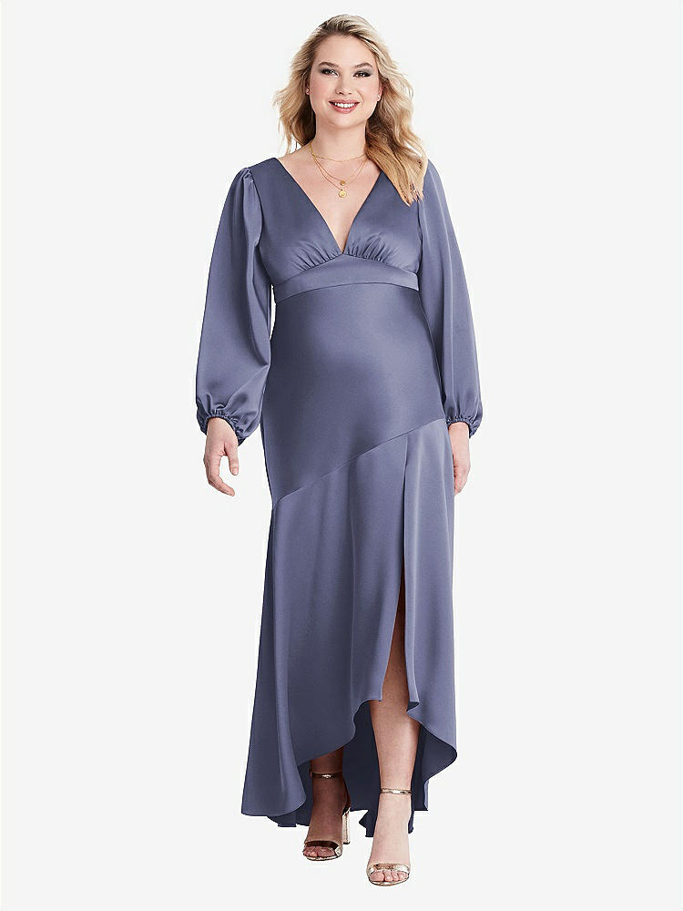 【NEW】【STYLE: LB008】パフ スリーブ 非対称 ドロップ ウエスト ハイロー スリップ ドレス  -  ティーガン【COLOR: French Blue】【SIZE: 00-30W】