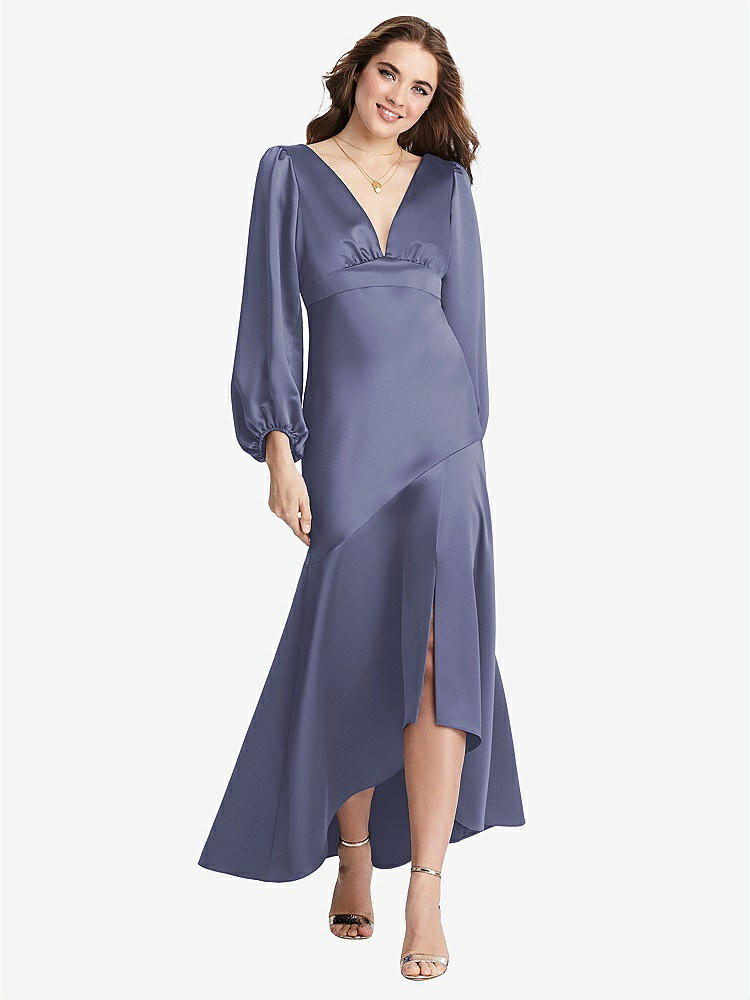 【NEW】【STYLE: LB008】パフ スリーブ 非対称 ドロップ ウエスト ハイロー スリップ ドレス  -  ティーガン【COLOR: French Blue】【SIZE: 00-30W】