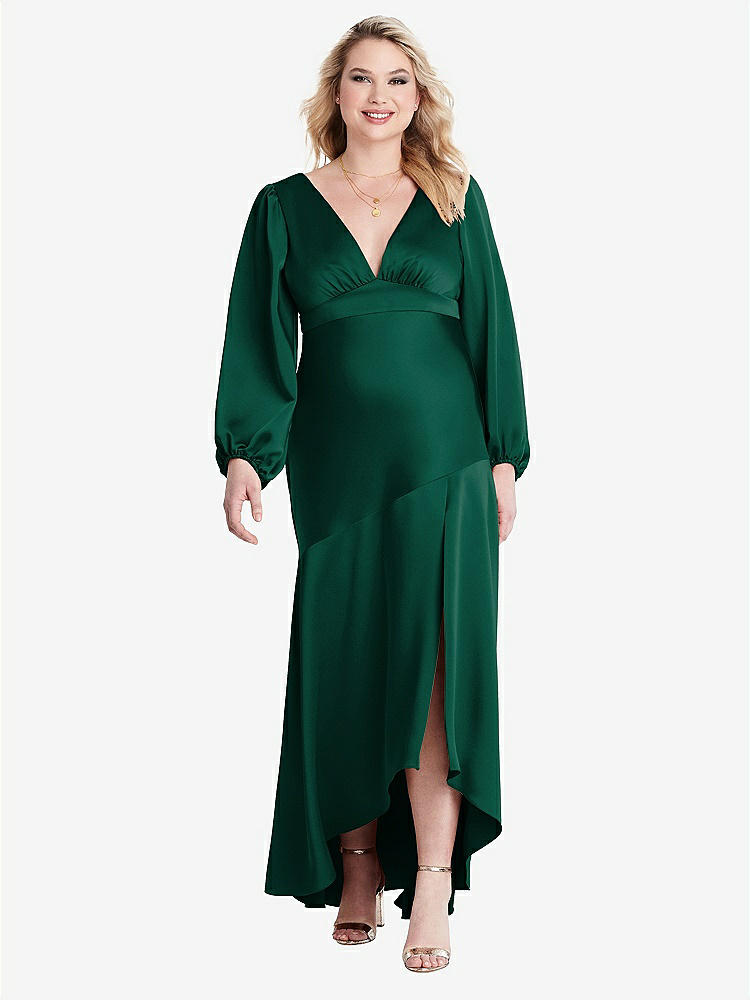 【STYLE: LB008】Puff Sleeve Asymmetrical Drop Waist High-Low Slip Dress - Teagan【COLOR: Hunter Green】