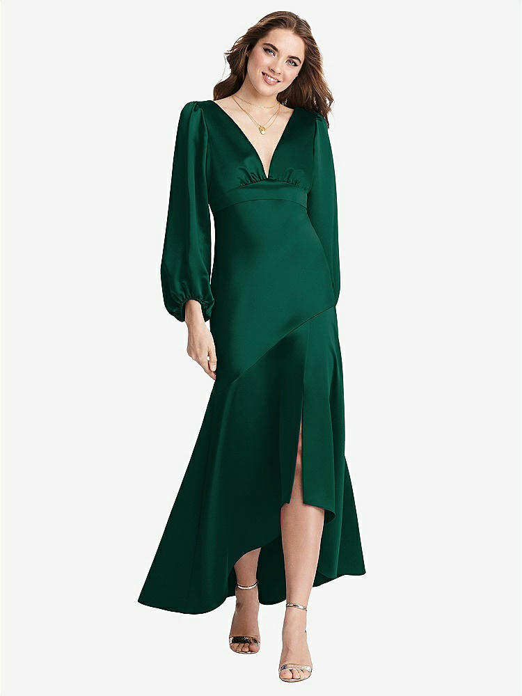 【STYLE: LB008】Puff Sleeve Asymmetrical Drop Waist High-Low Slip Dress - Teagan【COLOR: Hunter Green】