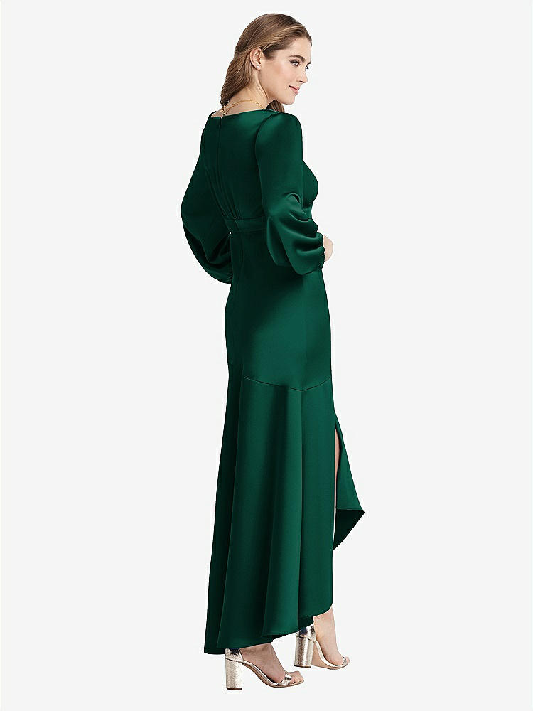 【STYLE: LB008】Puff Sleeve Asymmetrical Drop Waist High-Low Slip Dress - Teagan【COLOR: Hunter Green】