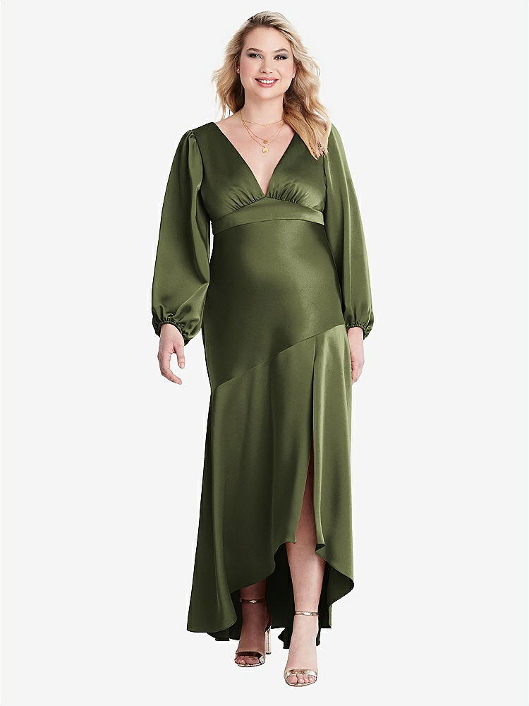 【STYLE: LB008】Puff Sleeve Asymmetrical Drop Waist High-Low Slip Dress - Teagan【COLOR: Olive Green】