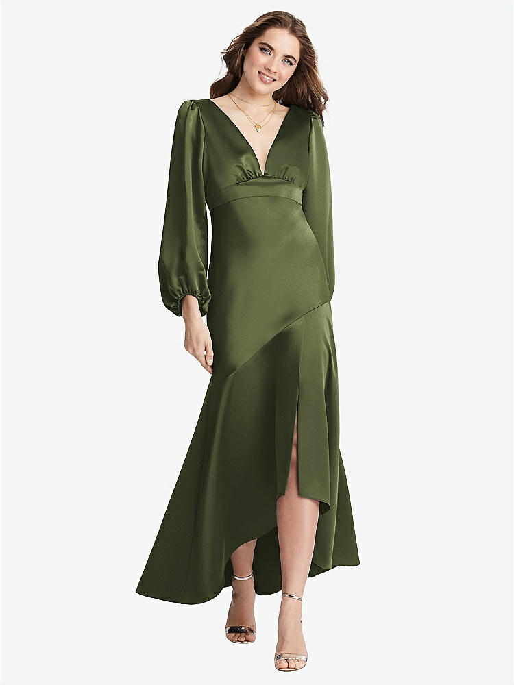【STYLE: LB008】Puff Sleeve Asymmetrical Drop Waist High-Low Slip Dress - Teagan【COLOR: Olive Green】