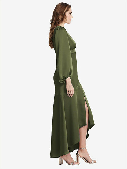 【STYLE: LB008】Puff Sleeve Asymmetrical Drop Waist High-Low Slip Dress - Teagan【COLOR: Olive Green】