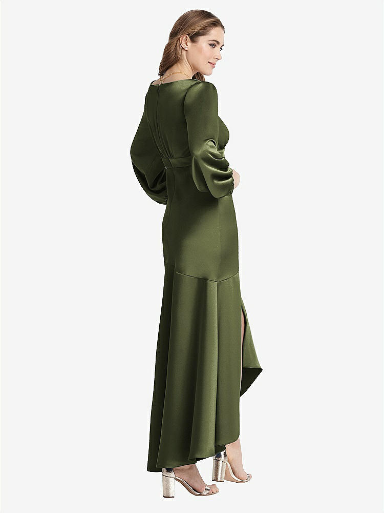 【STYLE: LB008】Puff Sleeve Asymmetrical Drop Waist High-Low Slip Dress - Teagan【COLOR: Olive Green】